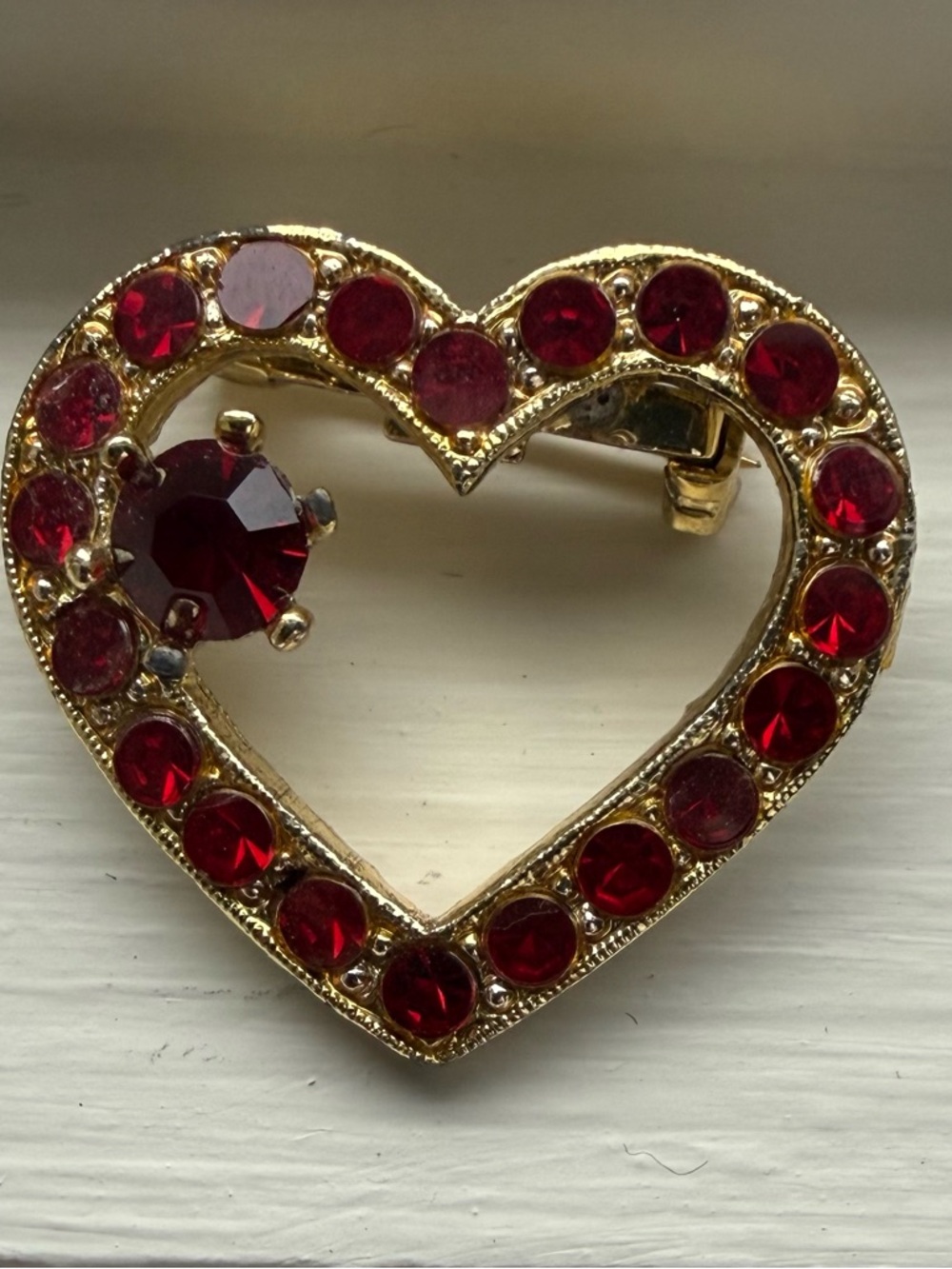 Vintage Gold Tone Heart Pin with Red Gemstones